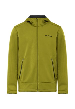 Groene softshell-jas met rits aan de voorkant, capuchon, twee zijzakken met rits en Vaude-logo op de borst.