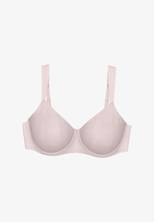 Lichtroze beha met gladde stof, gemêleerde cups, verstelbare bandjes en beugelondersteuning. Heeft een naadloos ontwerp en strakke lijnen.