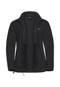 Giacca in pile nera con zip frontale, colletto rialzato e due tasche laterali in rete. Presenta stringhe regolabili all'orlo.