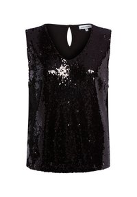 Zwarte mouwloze top bedekt met pailletten, met een V-hals en een sleutelgatdetail aan de achterkant. Gladde stoftextuur onder de pailletten.