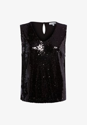 Black sleeveless top covered in sequins with a V-neck and a keyhole detail at the back. Smooth fabric texture behind sequins.