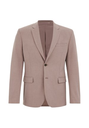 Blazer taupe clair en tissu texturé, doté d'un col cranté, de deux poches latérales et d'une fermeture à un bouton.