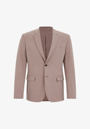 Lys taupe blazer lavet af tekstureret stof, med en spidse slag, to sidelommer og en enkelt knaplukning.