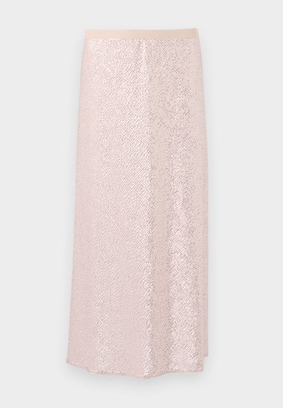 Rosa Paillettenrock mit einem glatten Bund, der eine strukturierte Oberfläche und ein knielanges A-Linien-Design aufweist. Reflektierende Pailletten erzeugen einen schimmernden Effekt.