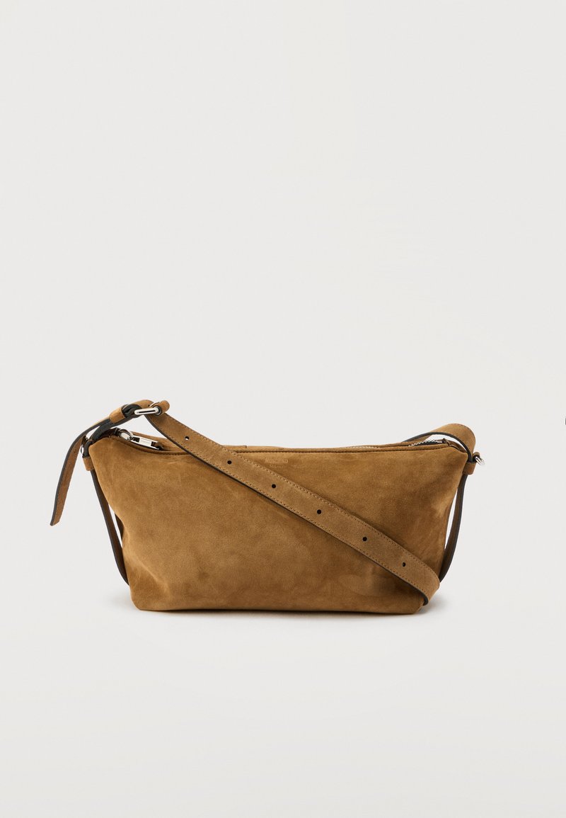 Brown suede crossbody bag with adjustable strap and zipper closure, set against a plain white background.