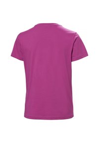 Camiseta de manga corta hecha de algodón suave en un magenta brillante, con un cuello redondo y una parte posterior lisa sin adornos ni patrones.