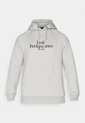 Gray hoodie with a drawstring hood, raglan sleeves, front pocket, and "Real Performance" text printed in black. Soft fabric texture.