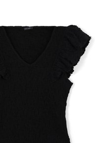 Maglia nera lavorata a maglia con scollatura a V e tessuto testurizzato. Le maniche corte arricciate aggiungono un tocco di design. Etichetta visibile: CALLIOPE.