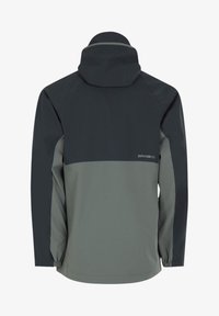 Tofarvet grå vandtæt jakke med fasthætte hætte, elastiske manchetter og logo nederst på ryggen, vist bagfra.