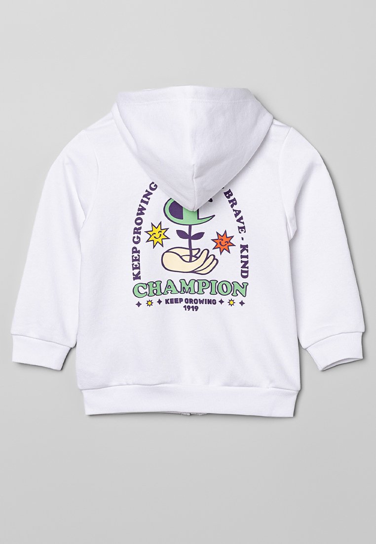 Felpa bianca con cappuccio caratterizzata da un design grafico colorato sul retro, che include immagini di piante e testo con "CHAMPION" e "1919."