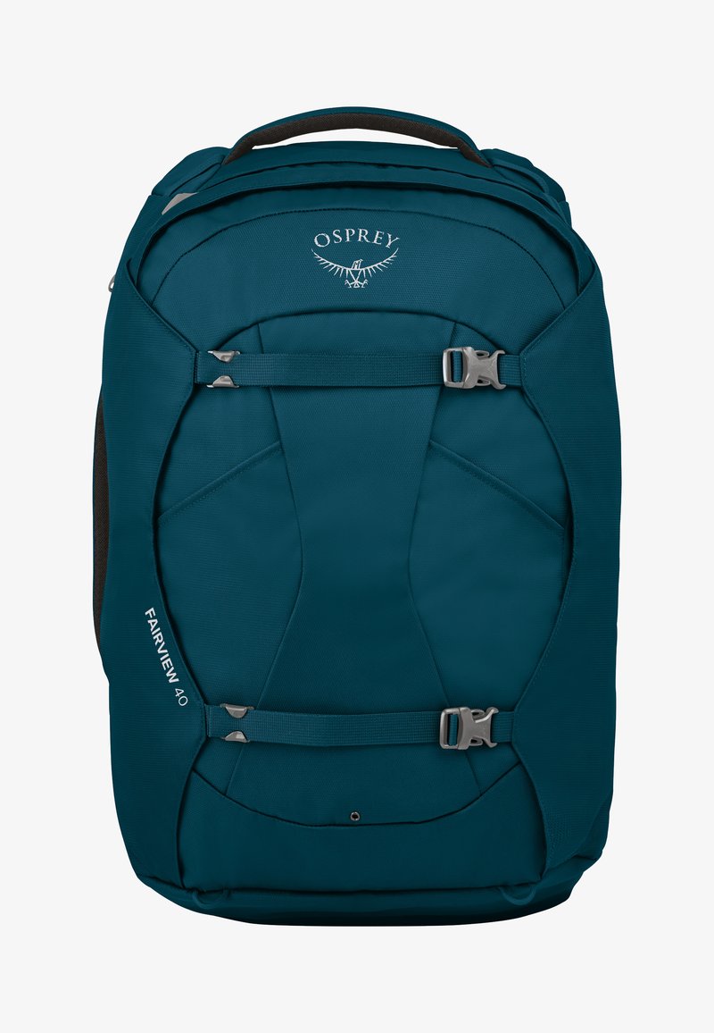 Sac à dos teal de forme rectangulaire, avec des bretelles réglables, des boucles métalliques et le logo "Fairview 40". Fabriqué en tissu durable.