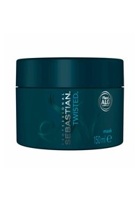 Donkerblauwe ronde container met een schroefdeksel, gelabeld "Sebastian Twisted mask," met een inhoud van 150 ml, voorzien van reliëfletters en een logo.
