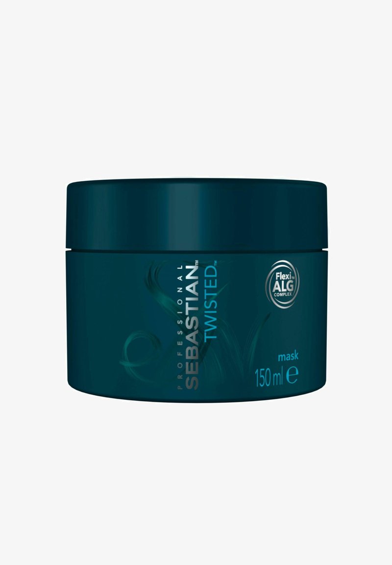 Donkerblauwe ronde container met een schroefdeksel, gelabeld "Sebastian Twisted mask," met een inhoud van 150 ml, voorzien van reliëfletters en een logo.