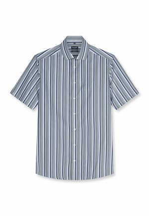 Chemise à manches courtes boutonnée avec des rayures verticales en bleu, marine, blanc et gris, avec un col classique et des boutons blancs.