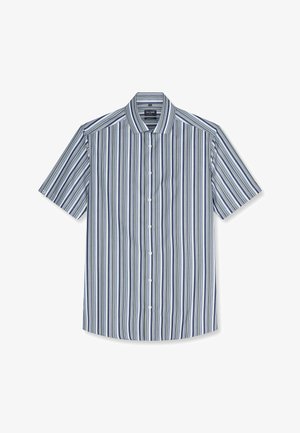 Camicia a maniche corte abbottonata con righe verticali in blu, blu navy, bianco e grigio, con colletto classico e bottoni bianchi.