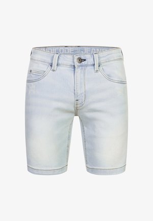 Șorturi din denim de culoare albastru deschis, având un design standard cu cinci buzunare, o ușoară deteriorare și un închizător cu buton din metal.