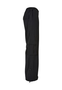 Black cargo pants with elastic waistband, multiple flap pockets on the sides, and adjustable drawstrings at the hem.