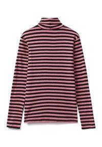 Långärmad topp med horisontella svart och rosa ränder, hög krage, mjukt material och en enkel, åtsittande design utan ytterligare dekorationer.