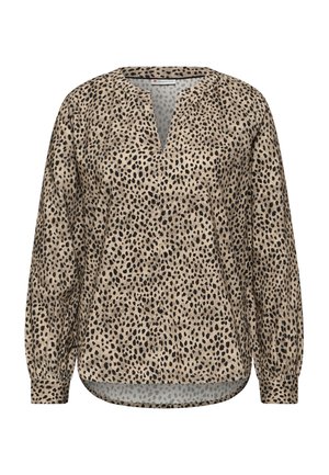 Leopardenmuster Bluse mit V-Ausschnitt, langen Puffärmeln und abgerundetem Saum. Hergestellt aus leichtem Stoff in Beige und Schwarz.