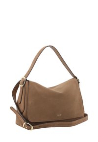 Brown suede shoulder bag with a flap design, an adjustable strap, and gold-tone hardware accents. Smooth texture with no visible patterns.