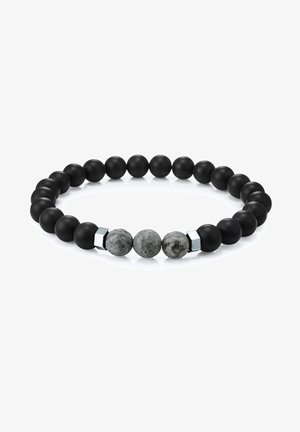 Matt mustahel kivi helmest käevõru, mis sisaldab kahte halli marmorist helmed ja metallaktsente, ringikujuline disain ühtlase tekstuuriga.