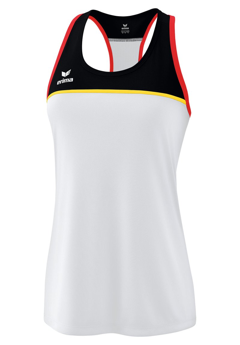Witte sportieve tanktop met zwarte en rode bandjes, voorzien van een gele accent op de borst. Gemaakt van glad materiaal, ontworpen voor comfort en beweging.