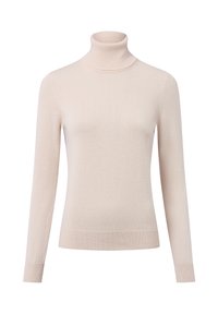 Jasnoróżowy sweter z golfem wykonany z miękkiego materiału o dzianinowej strukturze, z długimi rękawami oraz prążkowanym wykończeniem u dołu i przy kołnierzu, co zapewnia dopasowany krój.