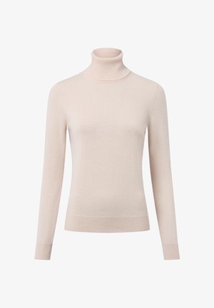 Pull à col roulé rose clair en tricot doux, présentant des manches longues et un ourlet et un col côtelés pour une silhouette ajustée.