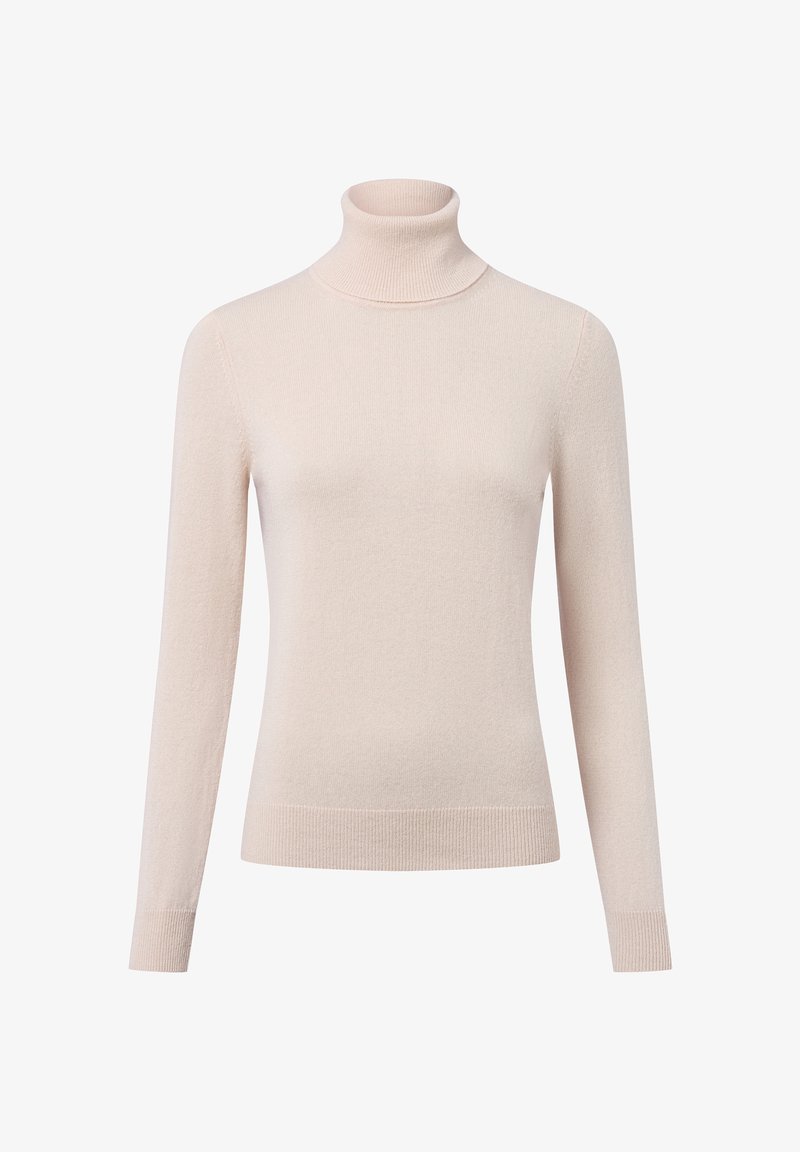 Helles rosa Turtleneck-Pullover aus weichem Strickmaterial, mit langen Ärmeln und geripptem Saum sowie Kragen für eine figurbetonte Silhouette.