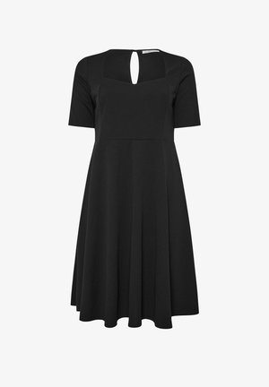 Robe noire en A avec des manches courtes, dotée d'un décolleté carré avec un détail en forme de clef. Fabriquée dans un matériau lisse et extensible.
