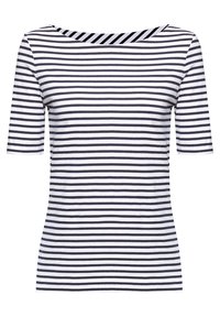Camiseta de cuello barco a rayas con rayas horizontales en navy y blanco, mangas cortas y material de algodón suave. Costuras planas y detalles mínimos.