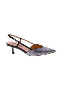 Décolleté nera con punta affilata e un fronte in strass texture luccicante. Presenta un tacco sottile e una cinghia regolabile alla caviglia.