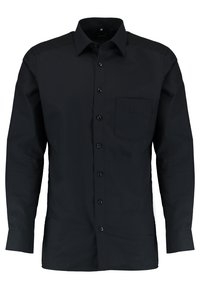 Black long-sleeve button-up shirt in smooth cotton with a pointed collar, front pocket, and black buttons, featuring a tailored fit.