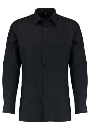 Schwarzes Langarm-Hemd mit Knopfleiste aus glattem Baumwollmaterial, mit spitzem Kragen, Brusttasche und schwarzen Knöpfen, das eine taillierte Passform bietet.