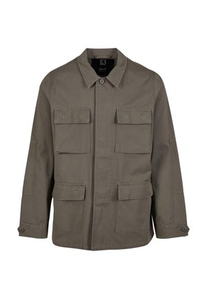 Khaki kurtka użytkowa wykonana z mieszanki bawełny, o prostym kroju, z dwiema kieszeniami na piersiach i guzikami na rękawach. Gładka tekstura i minimalistyczny design.
