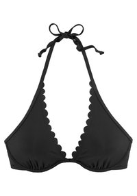 Czarny biustonosz bikini w kształcie trójkąta z falbanami na brzegach, regulowanymi wiązaniami na szyi oraz marszczonym materiałem na środku.