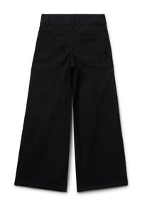 Schwarze weit geschnittene Hosen mit Gesäßtaschen, Gürtelschlaufen und einer sauberen, glatten Stoffstruktur von hinten gezeigt.