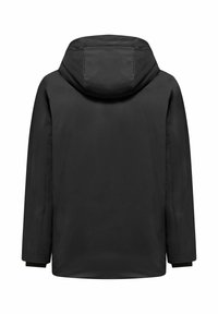 Giacca nera con cappuccio caratterizzata da una superficie liscia, maniche lunghe e polsini elasticizzati. Design minimalista senza loghi o motivi visibili.