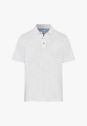 Witte polo met een twee-knoopsluiting, korte mouwen en een subtiel logo. Gemaakt van lichtgewicht stof met een gladde textuur.