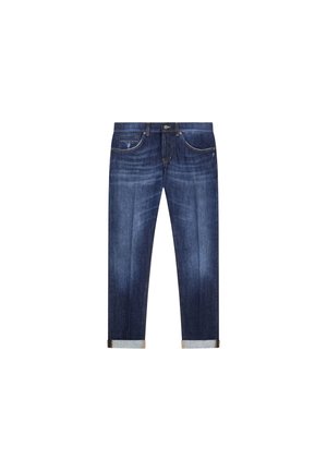 Jeans in denim blu scuro con taglio dritto, dotati di orli arrotolati, leggero sbiadimento e tasche frontali con dettagli di cucitura tonale.