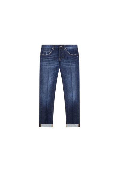 Jeans in denim blu scuro con taglio dritto, dotati di orli arrotolati, leggero sbiadimento e tasche frontali con dettagli di cucitura tonale.