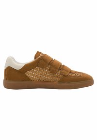 Brown suede sneakers with mesh detailing on the side, featuring three Velcro straps and a white accent at the heel. Rubber sole.