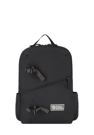 Black backpack made of durable fabric, featuring a front zippered pocket, side mesh pockets, adjustable straps, and a top handle. Logo displayed.
