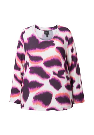 Maglietta a maniche lunghe dai colori vivaci, caratterizzata da un design astratto a stampa leopardata nei toni del viola, rosa e bianco; colletto rotondo; tessuto morbido con una consistenza liscia.