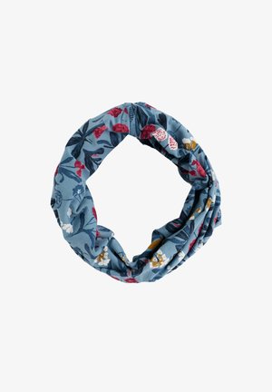 Blåt stofhovedbånd med et blomsterprint bestående af røde, hvide og gule blomster arrangeret i en cirkulær løkkeform.