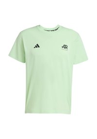 Light mint green, short-sleeve t-shirt made of soft fabric. Features black Adidas logo on the chest and distinctive striped design on the shoulders.