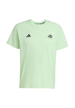 Light mint green, short-sleeve t-shirt made of soft fabric. Features black Adidas logo on the chest and distinctive striped design on the shoulders.