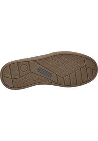 Brązowa gumowa podeszwa buta z teksturowanymi wzorami, z logo po boku i gładkim, zaokrąglonym brzegiem. Rozmiar oznaczony jako 42.