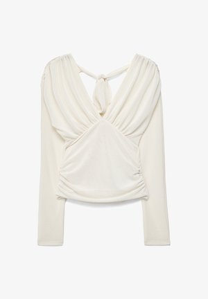 Witte blouse met lange mouwen, diepe V-hals, geplooide stofdetails en een strik aan de achterzijde van de halslijn.