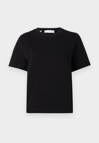 T-shirt noir à manches courtes avec col rond, ourlet droit et étiquette blanche visible à l'intérieur du col.